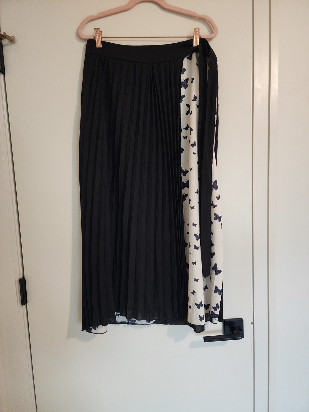 Black Pleated Wrap Skirt with Butterfly Contrast Panel